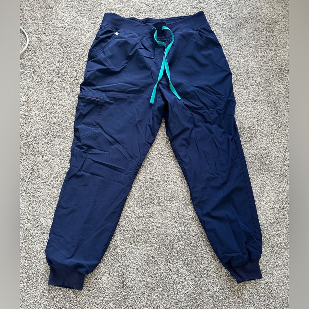 Figs Navy Zamora High Waisted Jogger Pants with Teal Accents